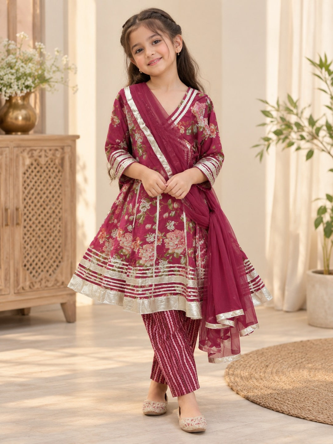 Ethnic Floral Printed Girls Flare Suit Set