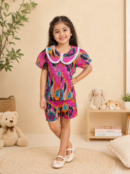 Boys Blue Ikkat & Girls Pink Printed Co-ord Set | Handcrafted Cambric Cotton Half Sleeve Shirt & Shorts Playwear Outfit | Casual Summer Dress Set for Kids