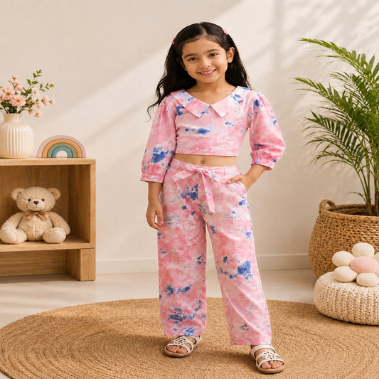 Marble Tie & Dye Print Peach Colour Girls Co-Ords