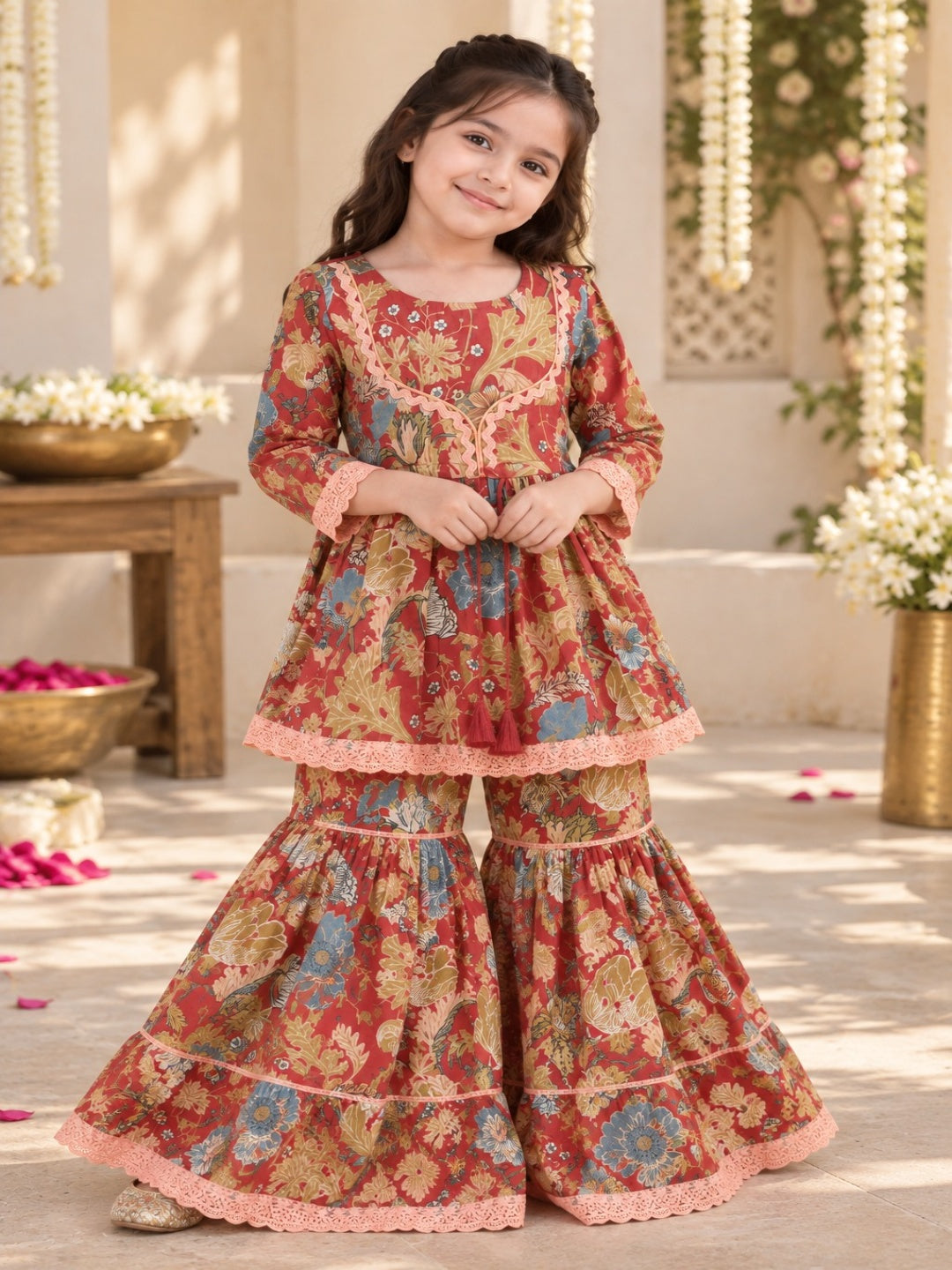 Floral Gathered Maroon Kurta With Sharara Set