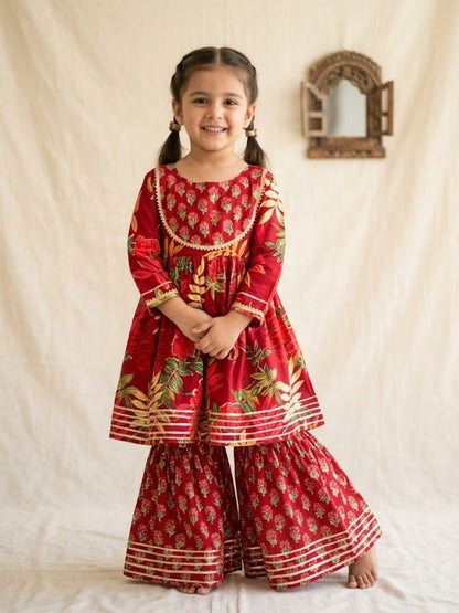 Block Print Maroon Colour Anarkali Suit With Sharara