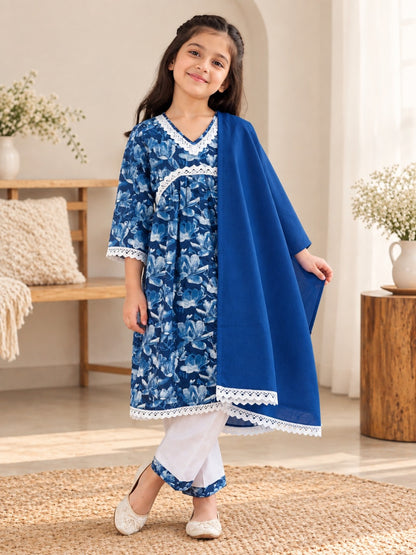 Blue Colour Floral Printed Girls Flare Suit Set