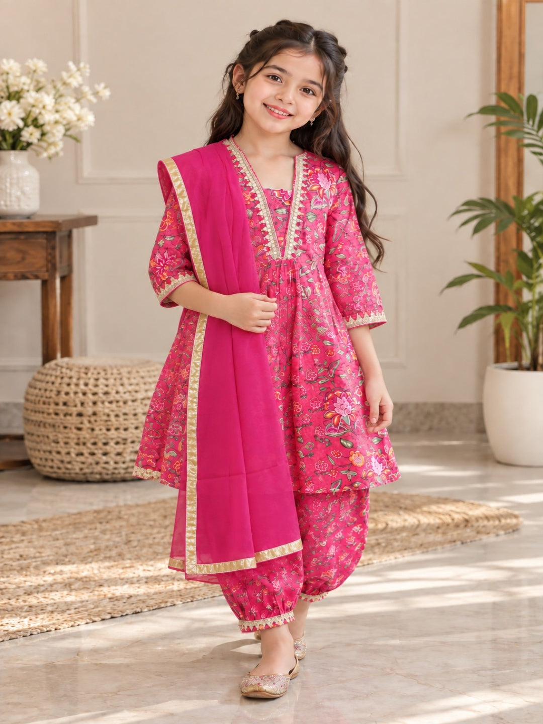 Floral Print Rani Pink Colour Afghani Style Suit Set