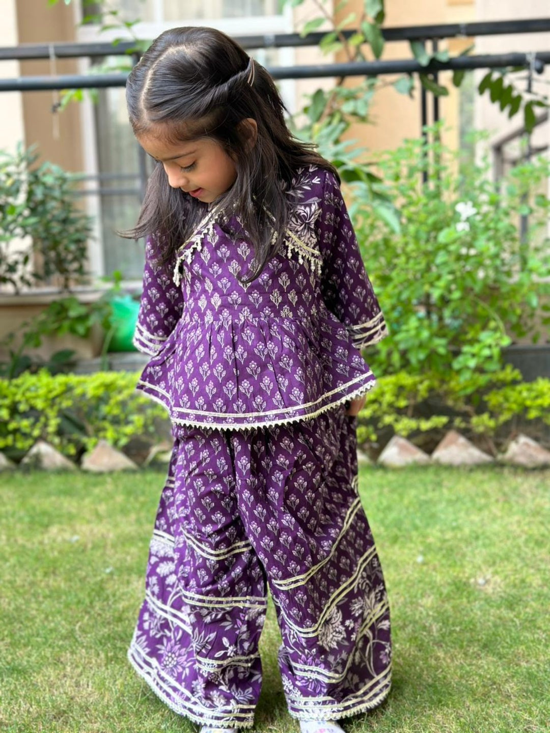 Purple and Blue Floral Printed Gathered Kurta with Palazzo
