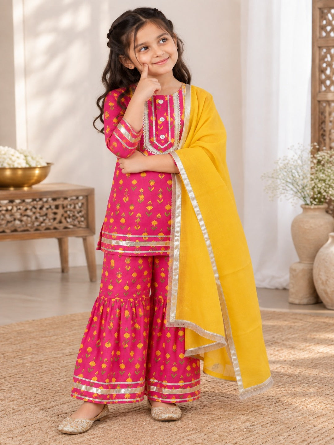 Ethnic wear Screen Printed Pink Kurta With Sharara Set