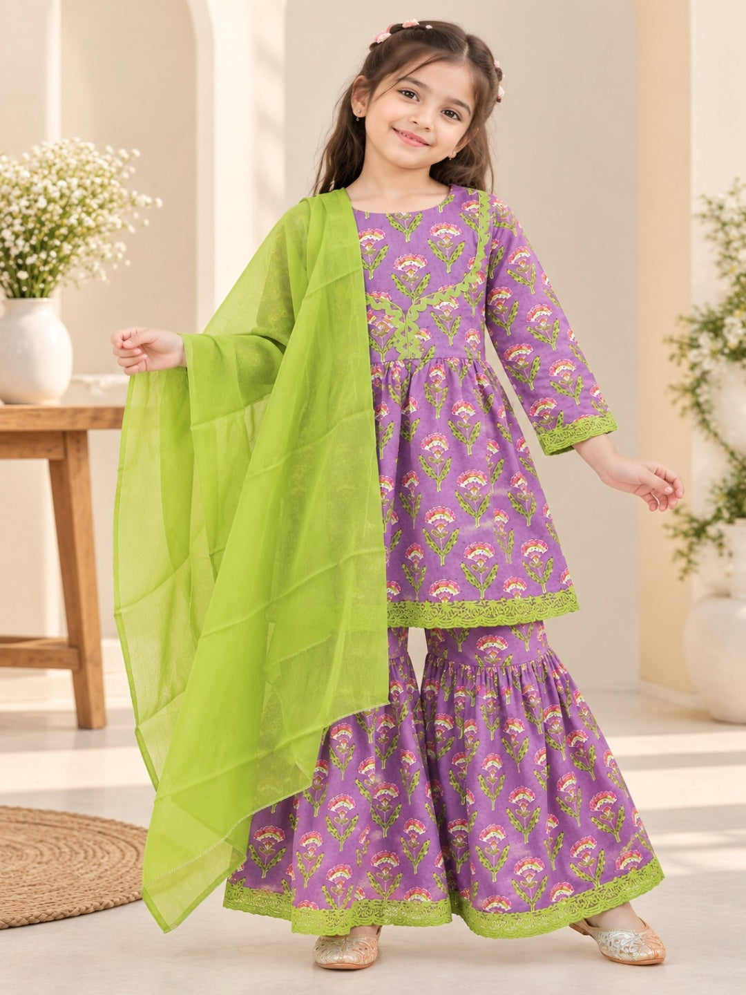 Floral Gathered Lavender Kurta With Sharara Set