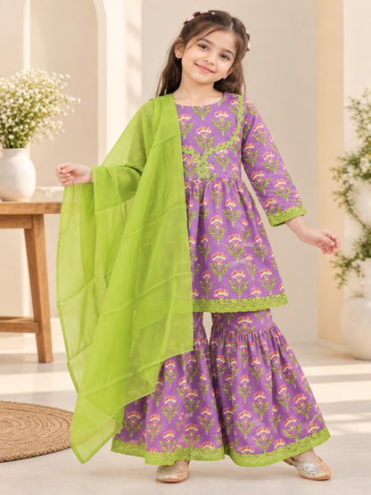 Floral Gathered Lavender Kurta With Sharara Set