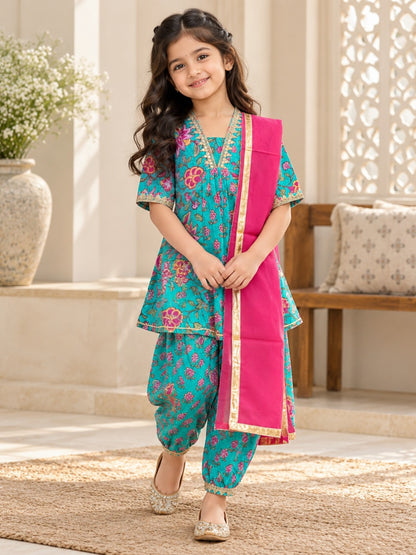 Sea Green Screen Printed Afghani Style Suit Set