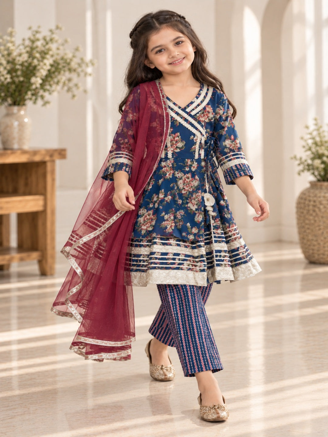Blue Floral Printed Girls Flare Suit Set