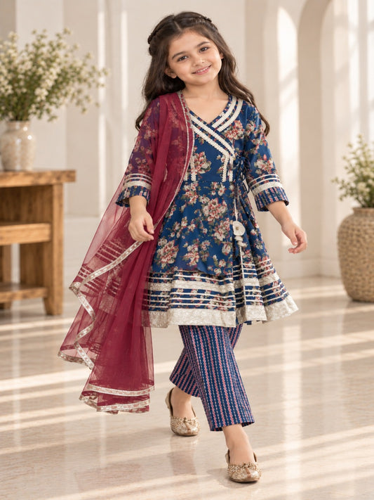 Blue Floral Printed Girls Flare Suit Set