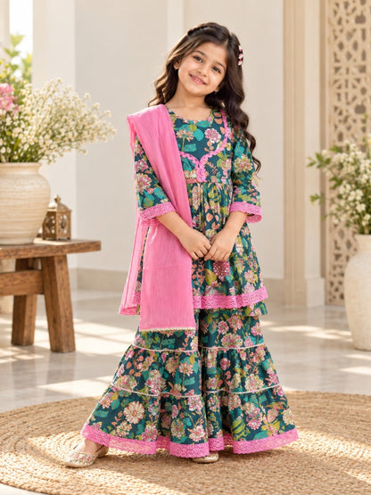 Ethnic Gathered Olive Green Kurta With Sharara Set