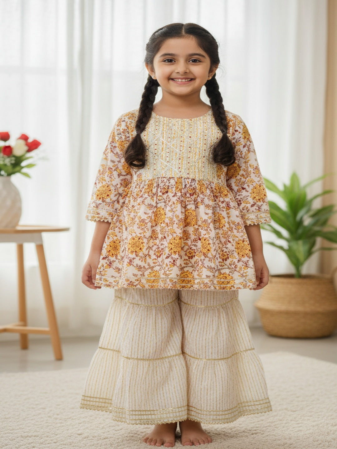 Screen Print Yellow Color Anarkali suit With Sharara