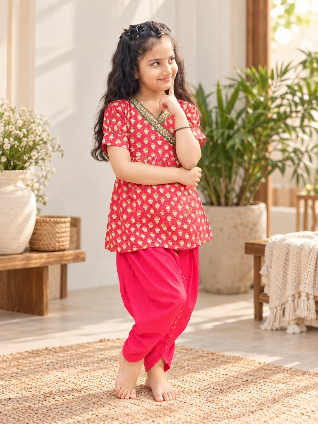 Red Lotus Buti Angrakha Kurti with Tulip Pant