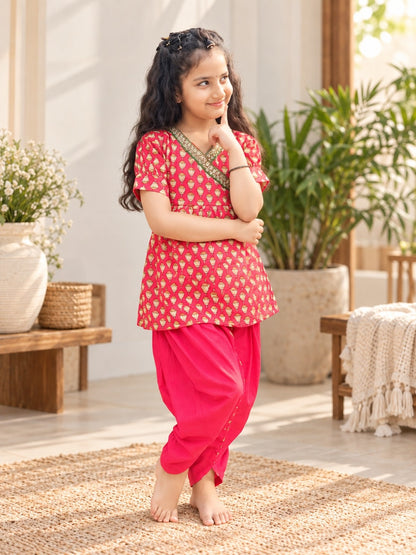Red Lotus Buti Angrakha Kurti with Tulip Pant