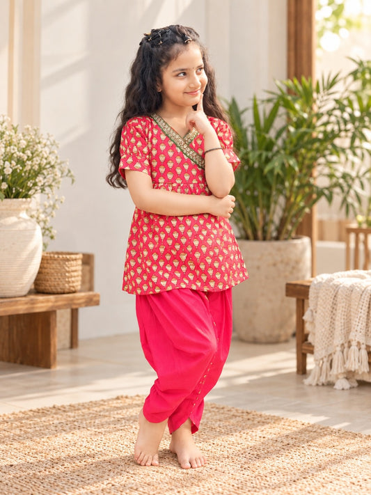 Red Lotus Buti Angrakha Kurti with Tulip Pant