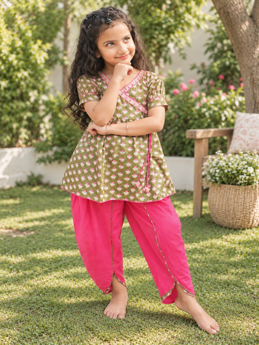 Girls  Lotus Buti Angrakha Kurti with Tulip Pant