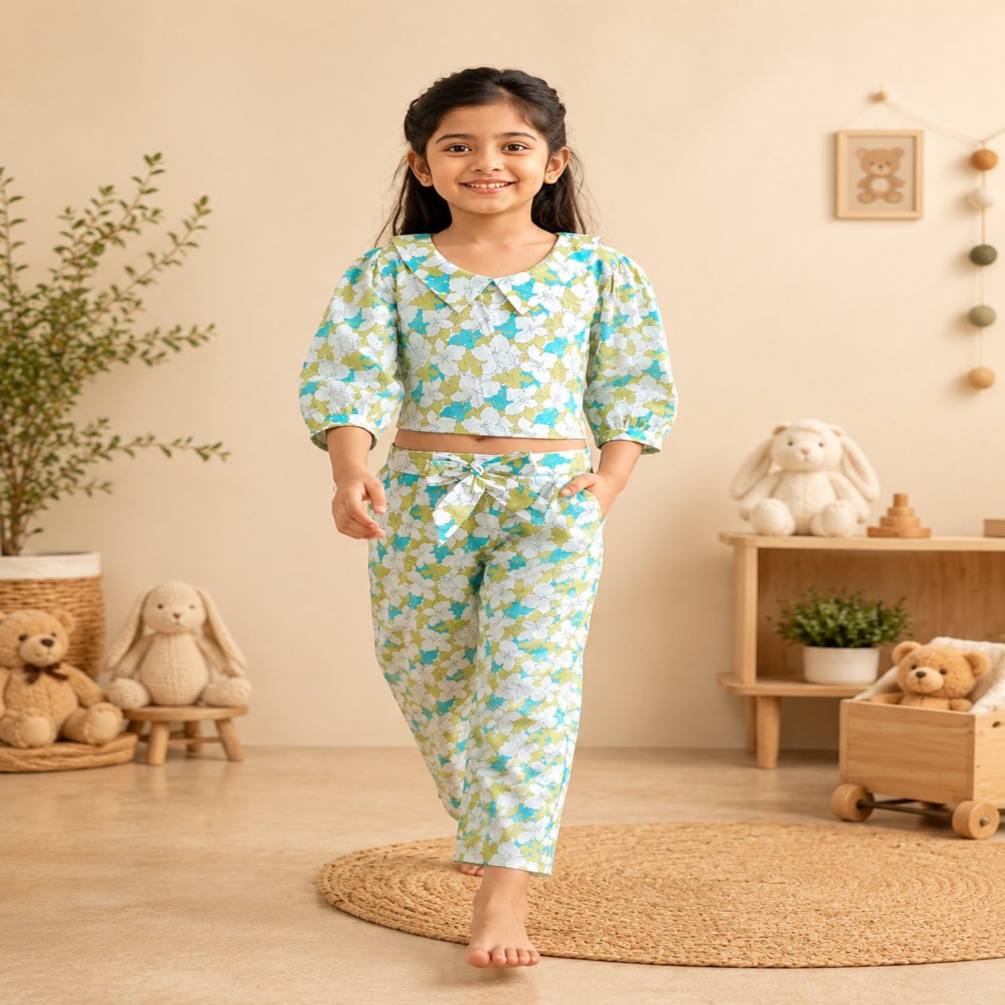 White Flower Printed Girls Co-Ords