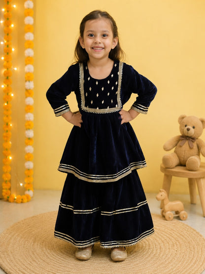 Blue Coloured Mirror-Embroidery Velvet  Kurti With Sharara