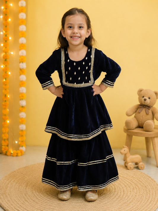 Blue Coloured Mirror-Embroidery Velvet  Kurti With Sharara