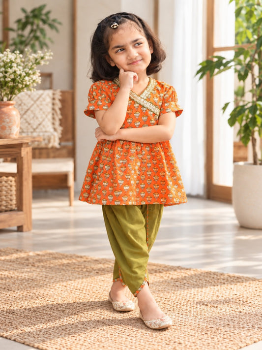 Orange Lotus Buti Angrakha Kurti with Tulip Pant