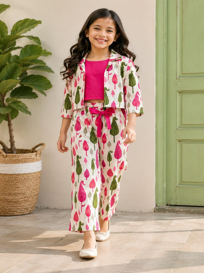 Blue Block Printed 3 Piece Girls Co-Ords