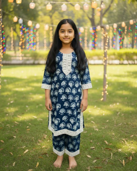 Blue Block Printed Straight Kurta with Palazzo