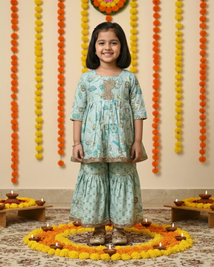 Tea Green Colour floral Print Ankarkali Suit with Sharara