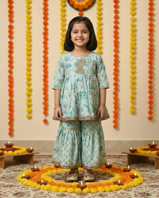 Tea Green Colour floral Print Ankarkali Suit with Sharara