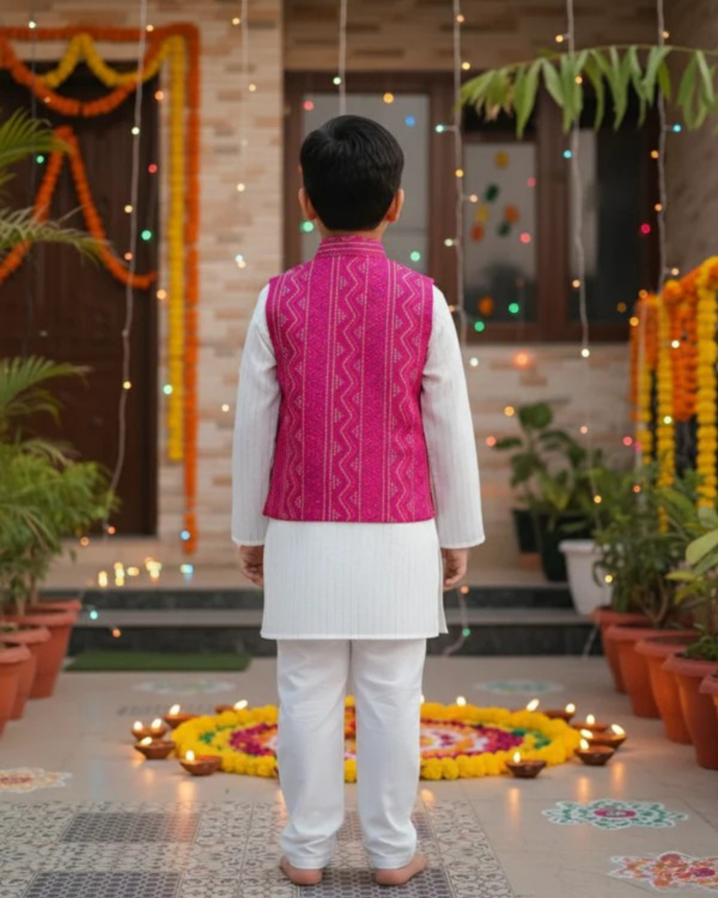Pink Bandhej Jacket With Lurex Kurta Pyjama