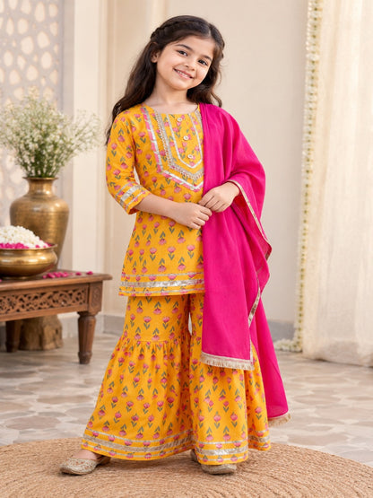 Screen Printed Yellow Kurta With Sharara Set