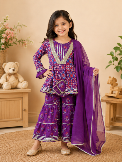 Girls Patola Printed Cambric Cotton Kurti Sharara Set with Dupatta