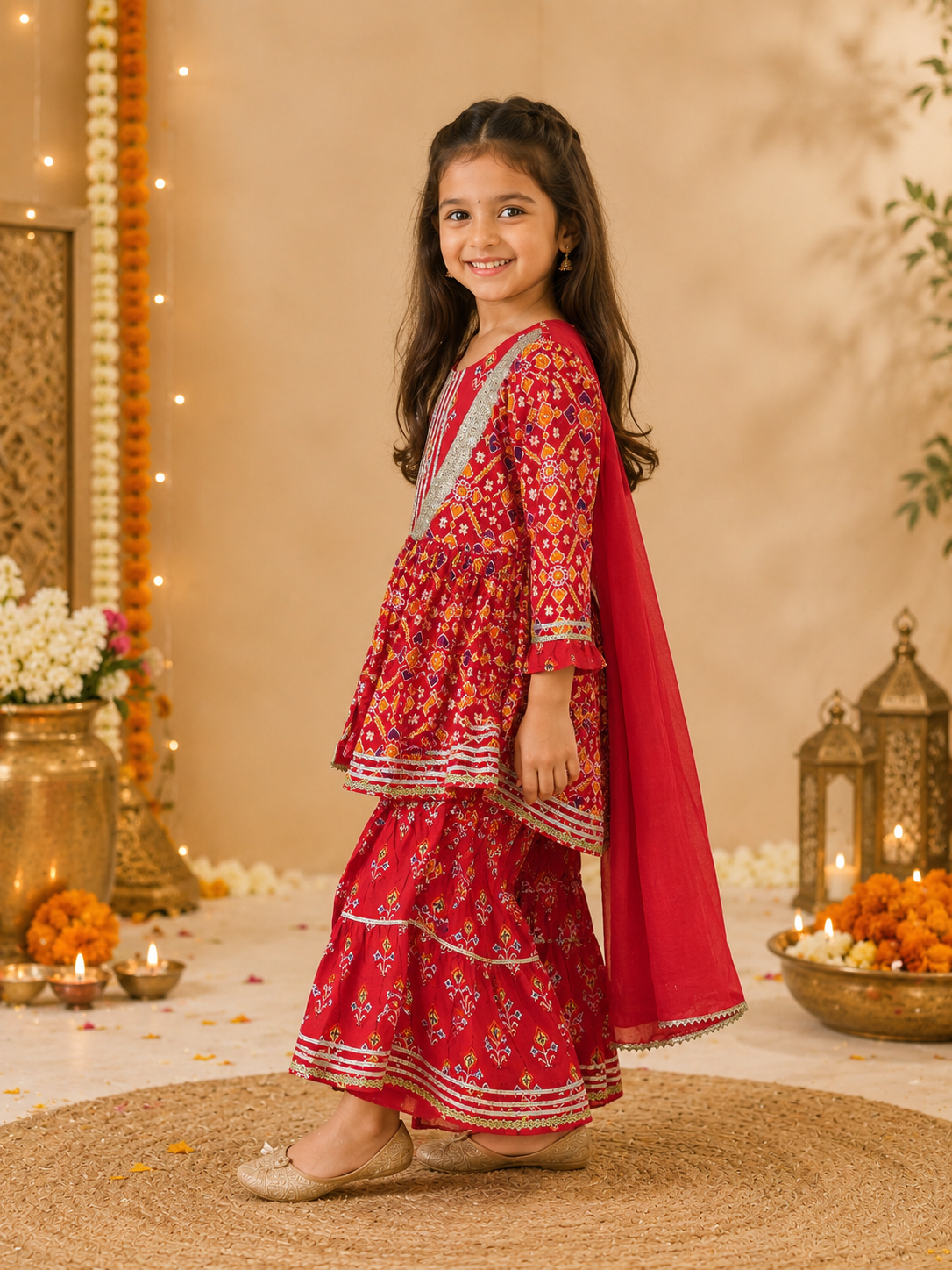 Girls Patola Printed Cambric Cotton Kurti Sharara Set with Dupatta