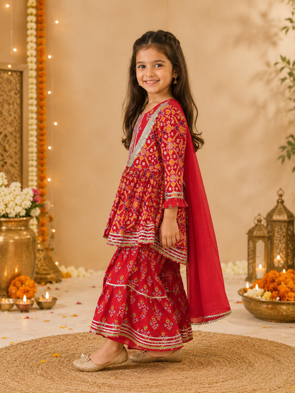 Girls Patola Printed Cambric Cotton Kurti Sharara Set with Dupatta