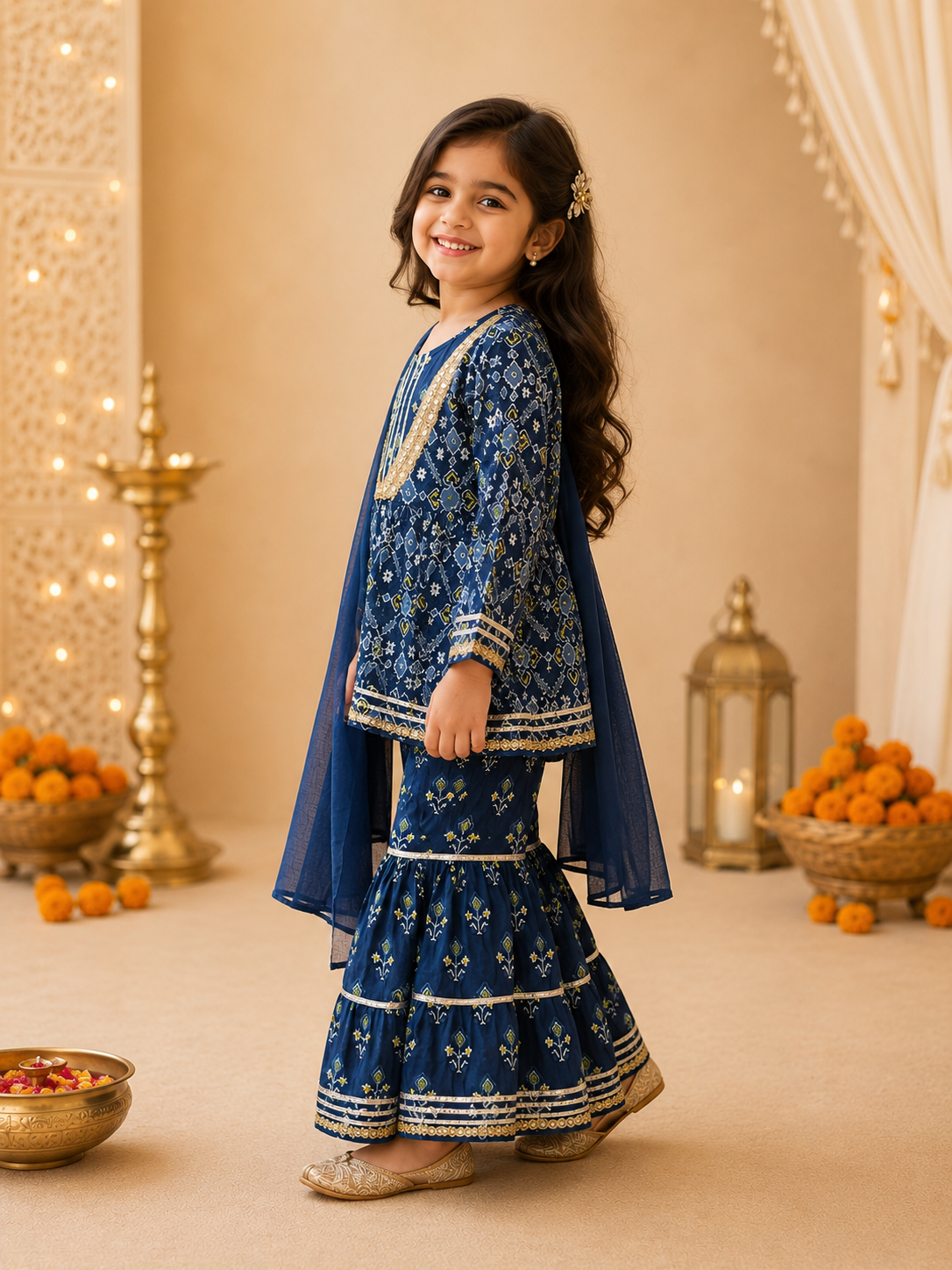 Girls Patola Printed Cambric Cotton Kurti Sharara Set with Dupatta