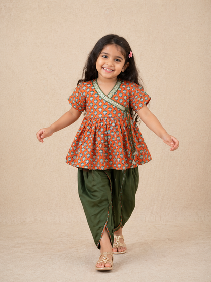 Girls Magenta Pink Lotus Buti Angrakha Kurti with Tulip Pant