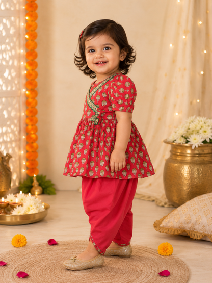 Girls Magenta Pink Lotus Buti Angrakha Kurti with Tulip Pant