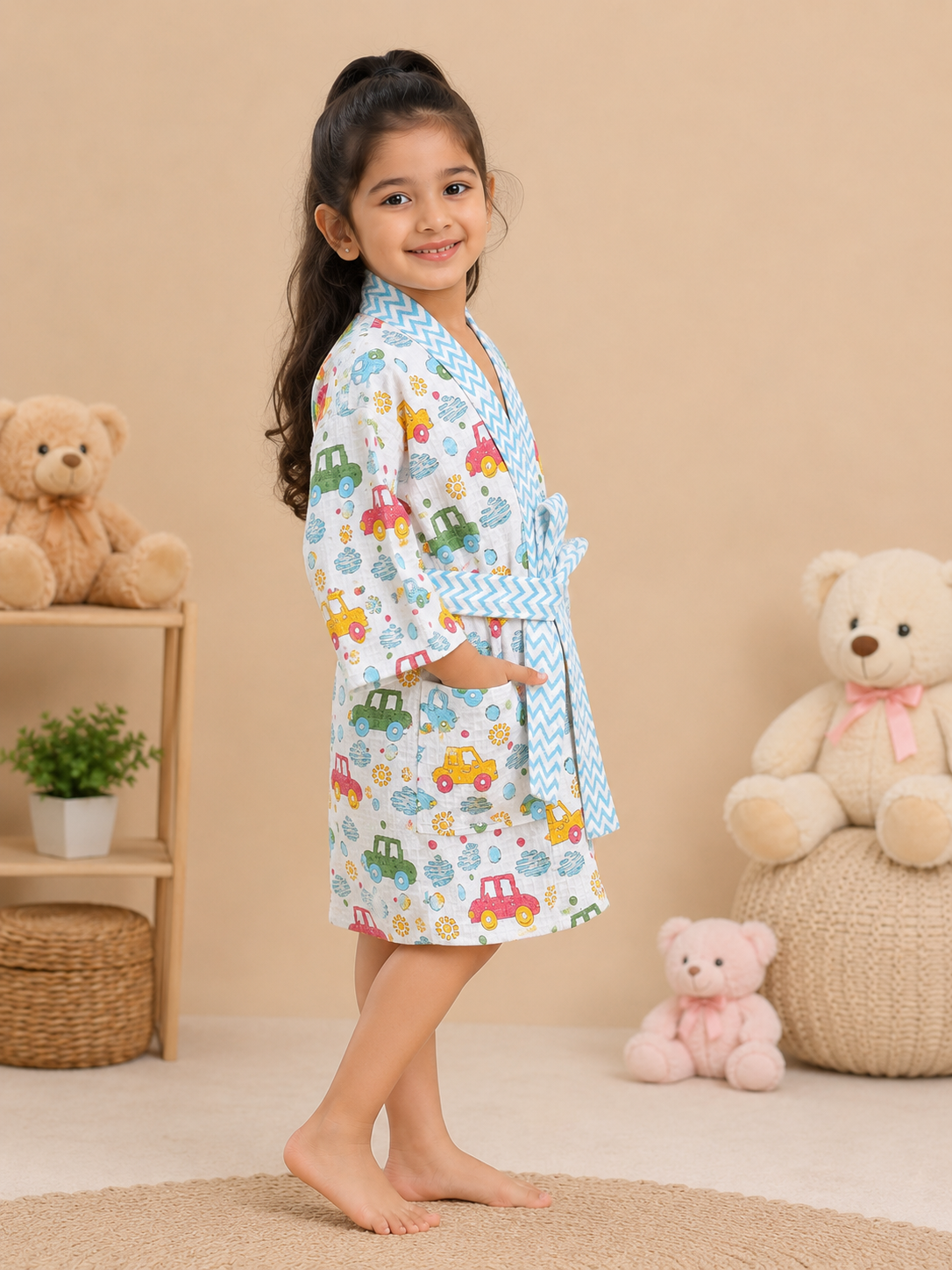 Girls Cotton Waffle Bathrobe with Cute Giraffe and  car Print & Belt