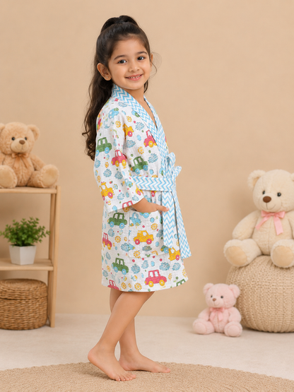Girls Cotton Waffle Bathrobe with Cute Giraffe and  car Print & Belt