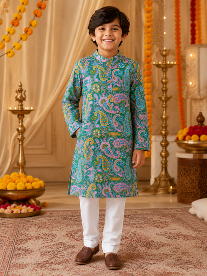 Boys Paisley Printed Cambric Cotton Kurta Pyjama Set