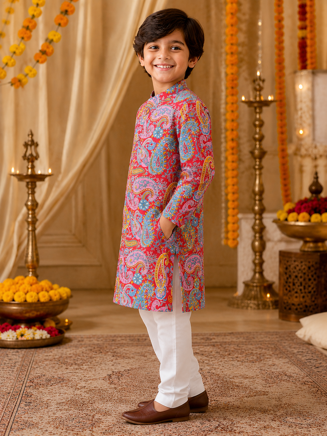 Boys Paisley Printed Cambric Cotton Kurta Pyjama Set