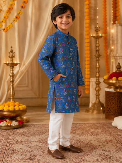 Boys Mughal Boota Printed Cambric Cotton Kurta Pyjama Set