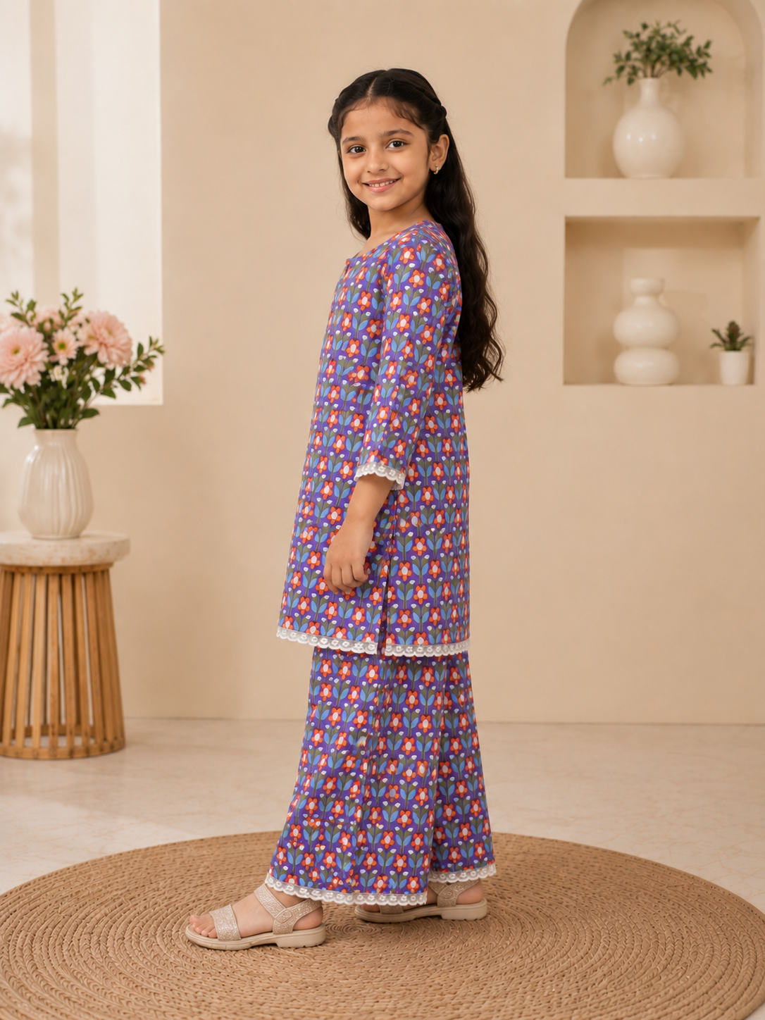 Girls Floral Printed Cambric Cotton Straight Kurta with Palazzo Set