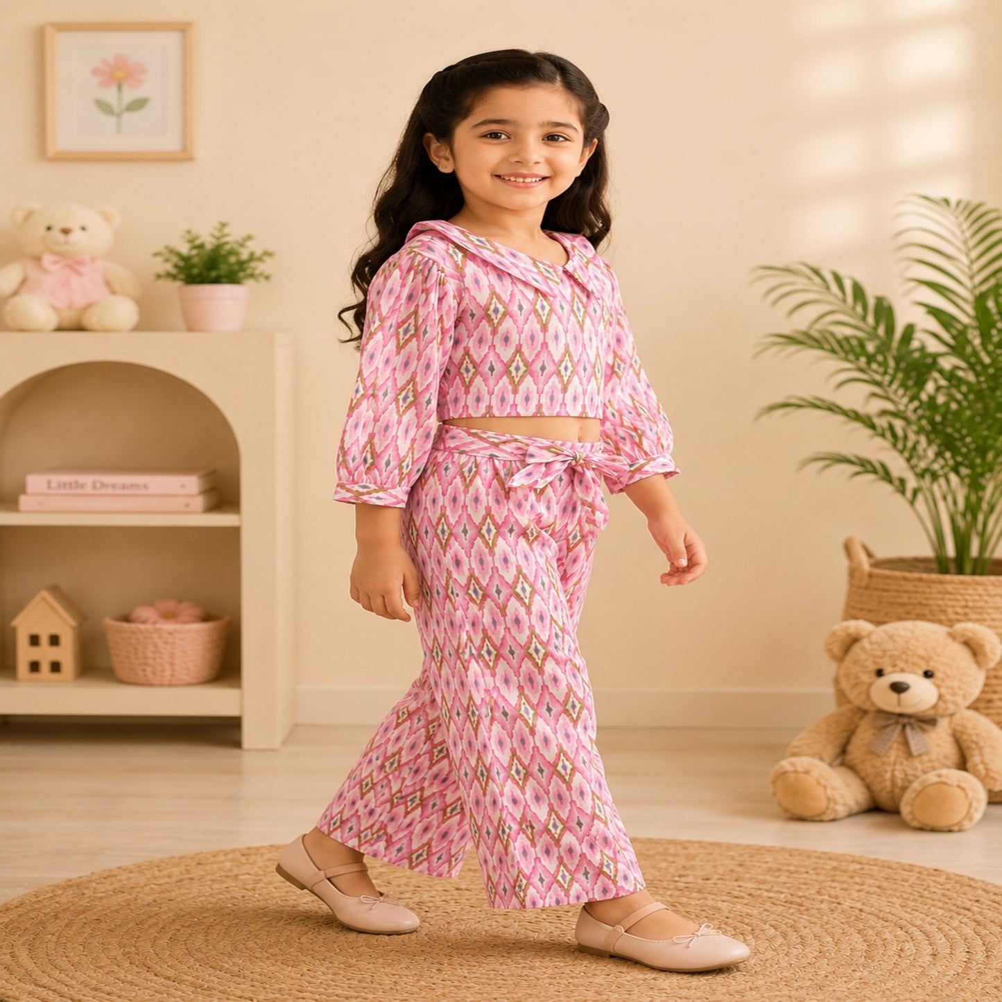 Pink Ikat Printed Girls Co-Ords