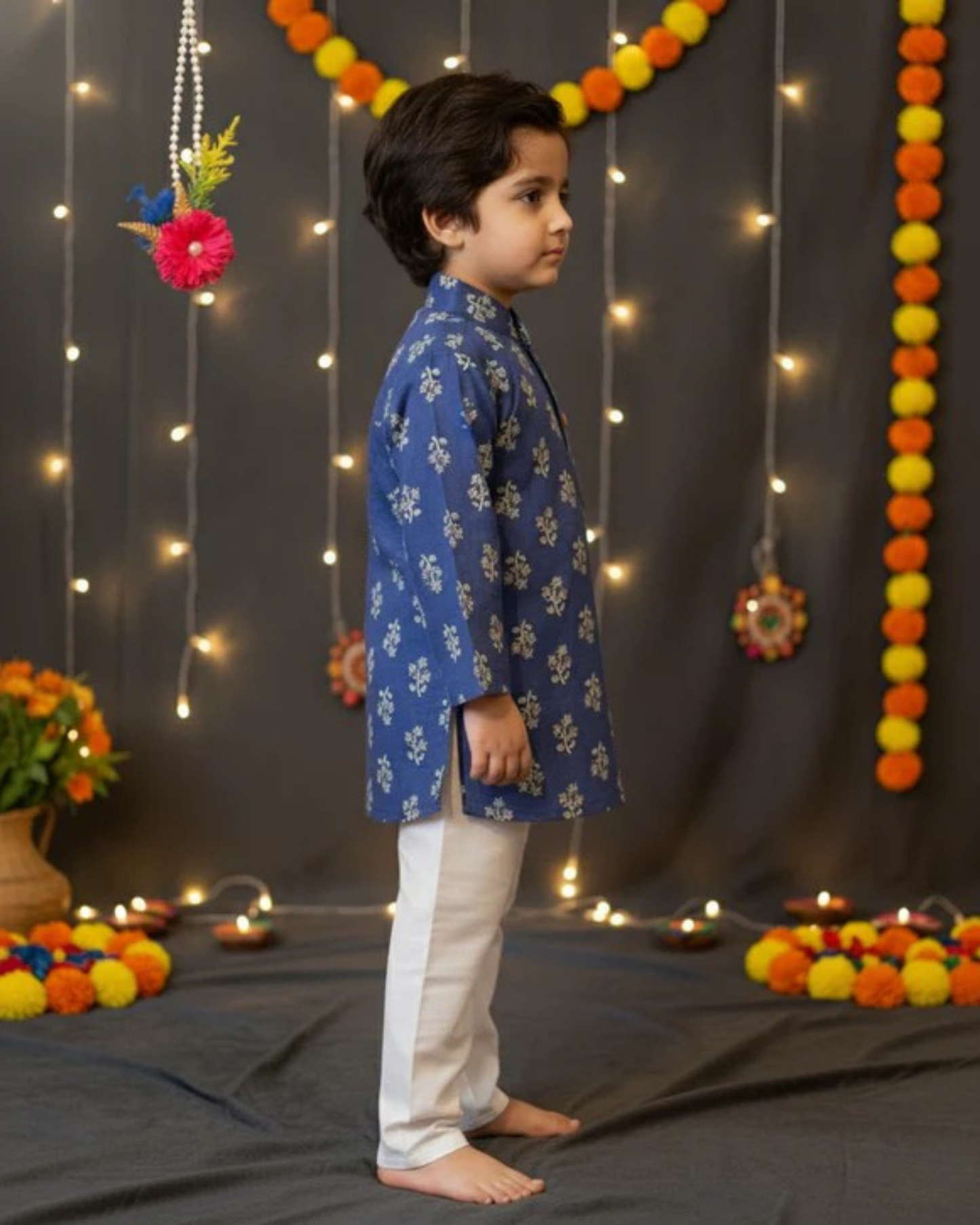 Navy Blue Block Printed Kurta -Pyjama
