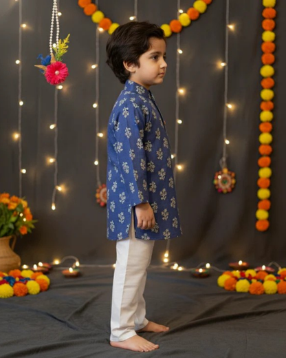 Navy Blue Block Printed Kurta -Pyjama