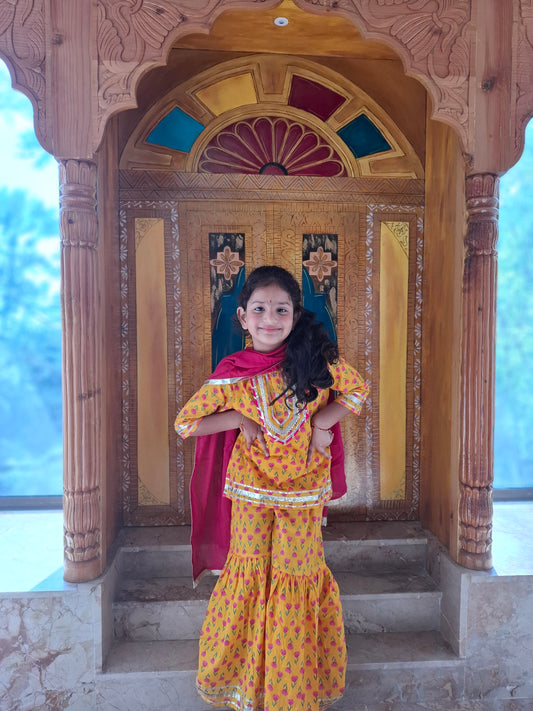 Screen Printed Yellow Kurta With Sharara Set