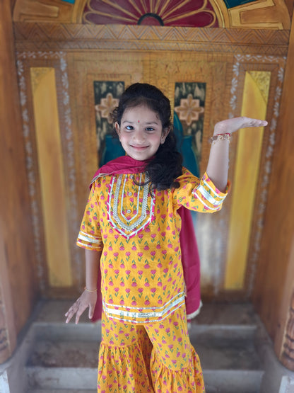 Screen Printed Yellow Kurta With Sharara Set