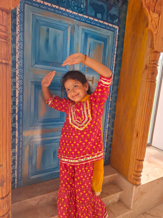 Screen Printed Pink Kurta With Sharara Set