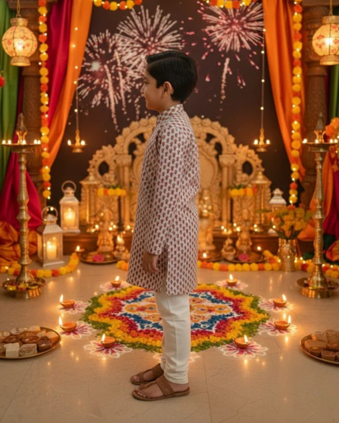 Pink Block Printed Boy's Kurta