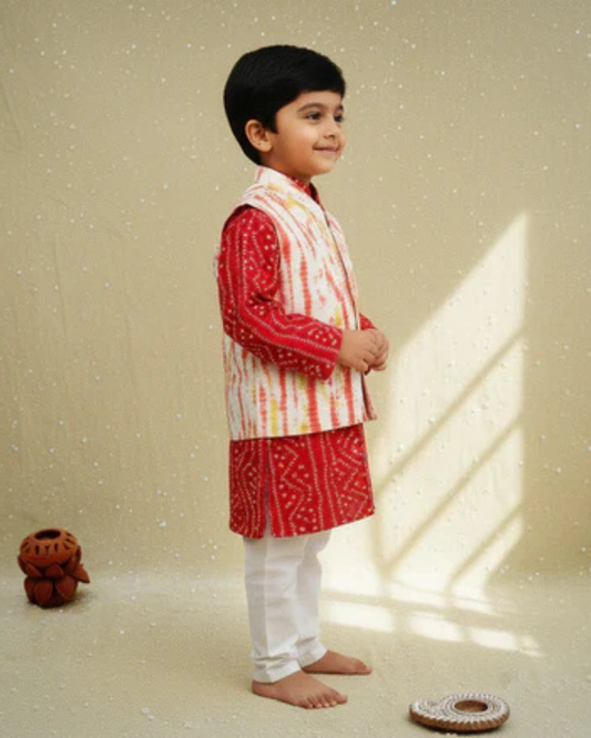 Red Tie and Dye Jacket with Bandhej Kurta-Pyjama